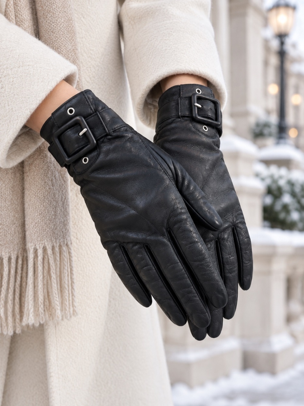 Beautiful Classic Black Leather Women's Gloves with Buckle Accent❤️S/M